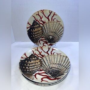Pottery Barn Coastal Curiosity Salad/Dessert Plates Red Coral Seashells Set Of 4